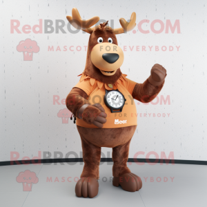 Rust Moose mascot costume character dressed with a Midi Dress and Smartwatches