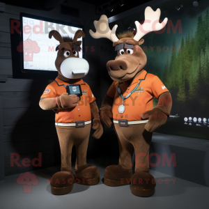 Rust Moose mascot costume character dressed with a Midi Dress and Smartwatches