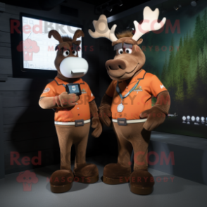 Rust Moose mascot costume character dressed with a Midi Dress and Smartwatches