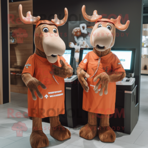 Rust Moose mascot costume character dressed with a Midi Dress and Smartwatches