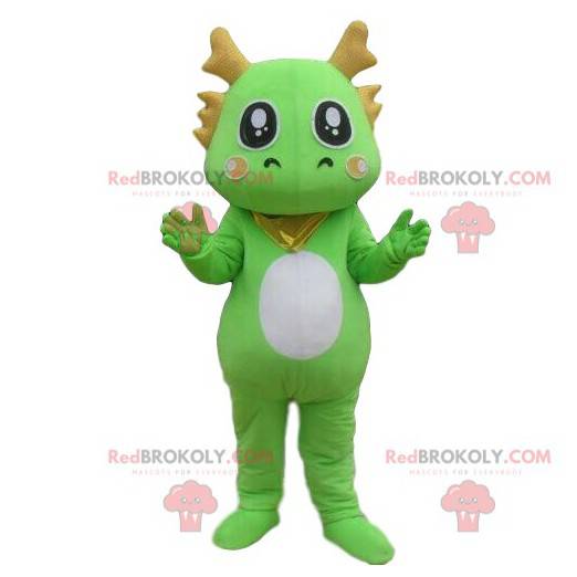 Green dragon mascot, dinosaur costume, green creature -