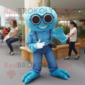 Cyan Crab Cakes mascot costume character dressed with a Mom Jeans and Reading glasses