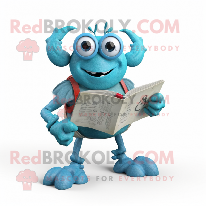 Cyan Crab Cakes mascot costume character dressed with a Mom Jeans and Reading glasses