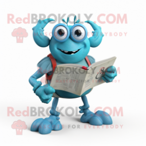 Cyan Crab Cakes mascot costume character dressed with a Mom Jeans and Reading glasses