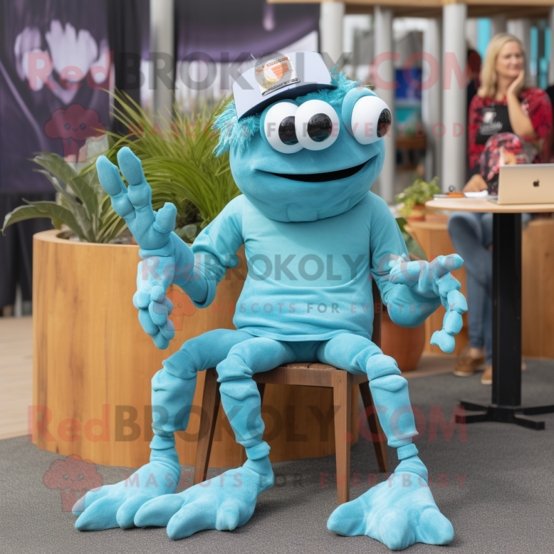 Cyan Crab Cakes mascot costume character dressed with a Mom Jeans and Reading glasses
