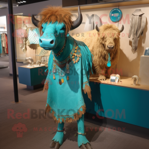 Turquoise Buffalo mascot costume character dressed with a Sheath Dress and Earrings