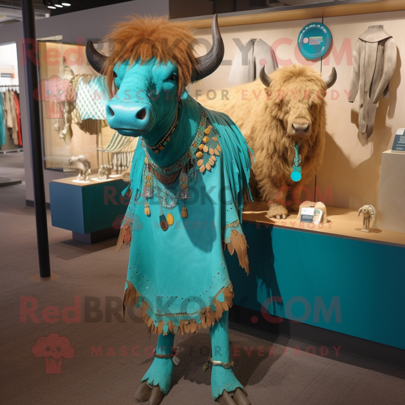 Turquoise Buffalo mascot costume character dressed with a Sheath Dress and Earrings Turquoise Buffalo mascot costume character dressed with a Sheath Dress and Earrings