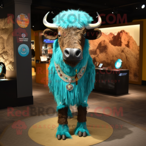 Turquoise Buffalo mascot costume character dressed with a Sheath Dress and Earrings