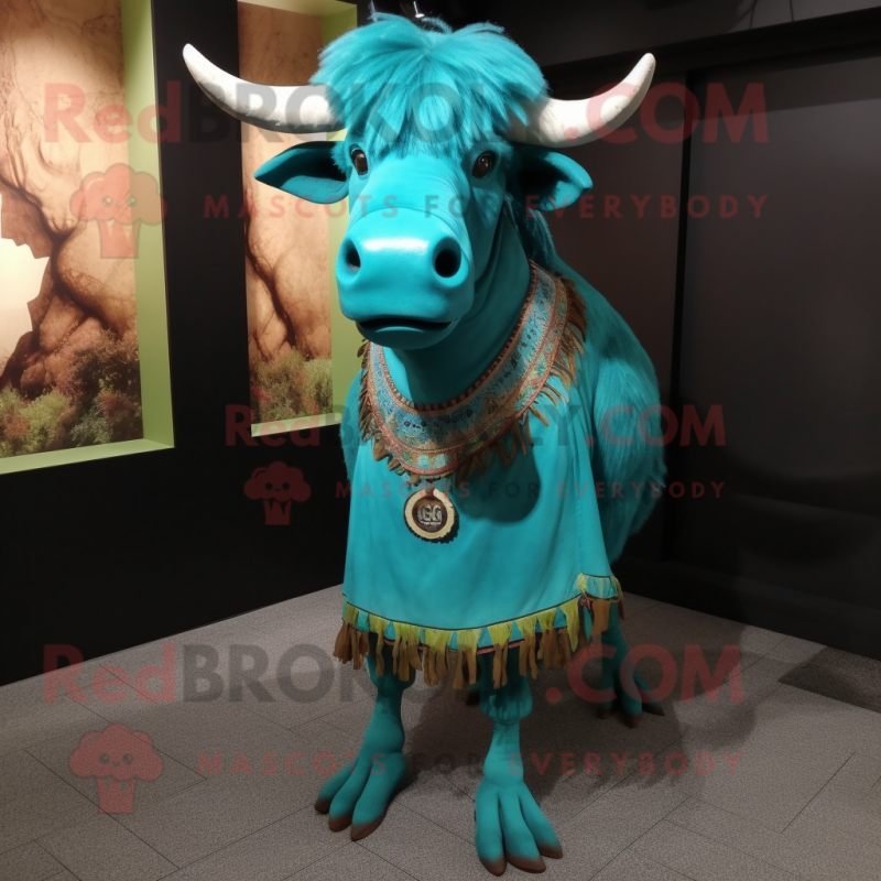 Turquoise Buffalo mascot costume character dressed with a Sheath Dress and Earrings