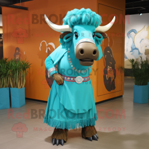 Turquoise Buffalo mascot costume character dressed with a Sheath Dress and Earrings