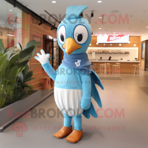 Sky Blue Woodpecker mascot costume character dressed with a Bikini and Mittens