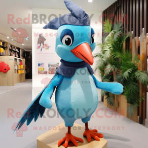 Sky Blue Woodpecker mascot costume character dressed with a Bikini and Mittens
