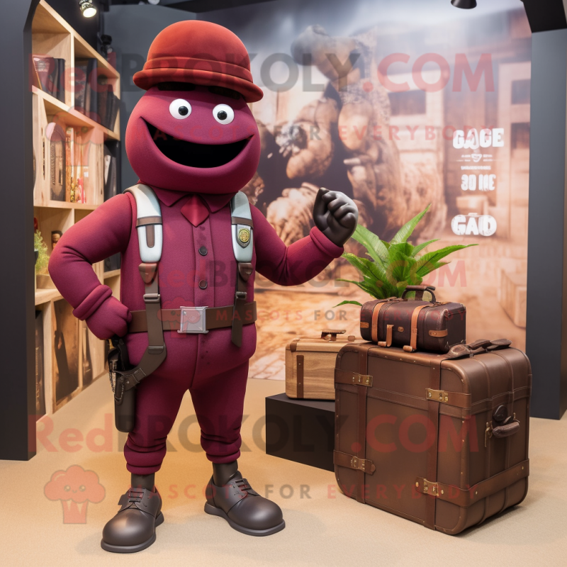 Maroon Grenade mascot costume character dressed with a Waistcoat and Briefcases