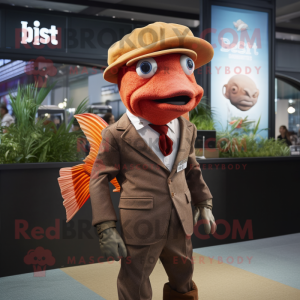 Rust Betta Fish mascot costume character dressed with a Suit and Berets