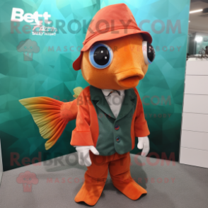 Rust Betta Fish mascot costume character dressed with a Suit and Berets