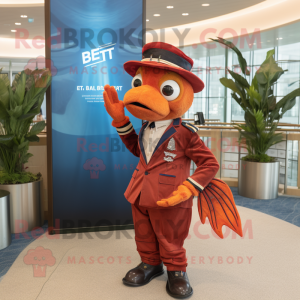 Rust Betta Fish mascot costume character dressed with a Suit and Berets