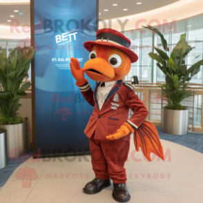 Rust Betta Fish mascot costume character dressed with a Suit and Berets