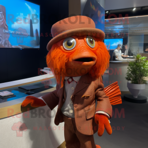 Rust Betta Fish mascot costume character dressed with a Suit and Berets