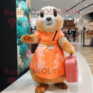 Peach Marmot mascot costume character dressed with a Midi Dress and Clutch bags