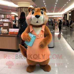 Peach Marmot mascot costume character dressed with a Midi Dress and Clutch bags
