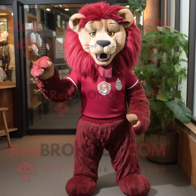 Maroon Lion mascot costume character dressed with a Shorts and Tie pins