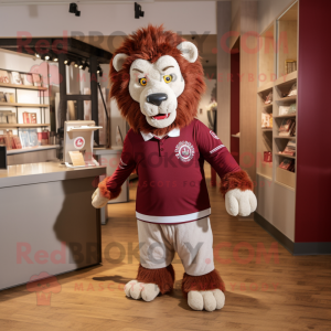 Maroon Lion mascot costume character dressed with a Shorts and Tie pins