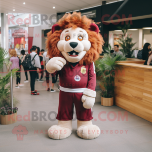 Maroon Lion mascot costume character dressed with a Shorts and Tie pins