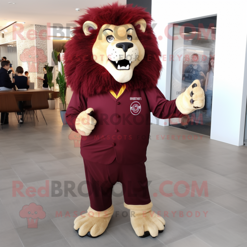 Maroon Lion mascot costume character dressed with a Shorts and Tie pins Maroon Lion mascot costume character dressed with a Shorts and Tie pins
