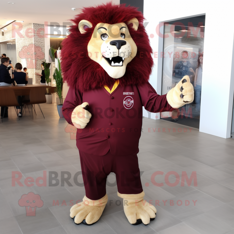 Maroon Lion mascot costume character dressed with a Shorts and Tie pins