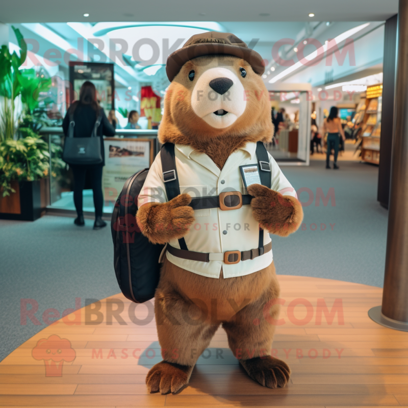 Cream Beaver mascot costume character dressed with a Trousers and Messenger bags Cream Beaver mascot costume character dressed with a Trousers and Messenger bags