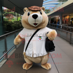 Cream Beaver mascot costume character dressed with a Trousers and Messenger bags