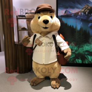 Cream Beaver mascot costume character dressed with a Trousers and Messenger bags