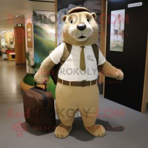 Cream Beaver mascot costume character dressed with a Trousers and Messenger bags