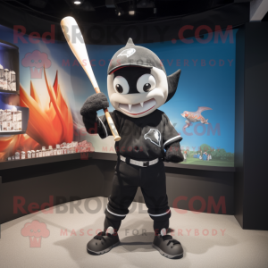 Black Swordfish mascot costume character dressed with a Baseball Tee and Gloves