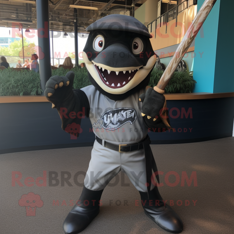 Black Swordfish mascot costume character dressed with a Baseball Tee and Gloves