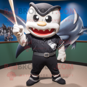 Black Swordfish mascot costume character dressed with a Baseball Tee and Gloves