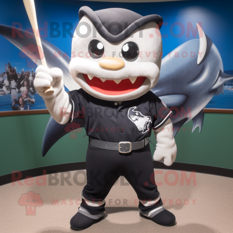 Black Swordfish mascot costume character dressed with a Baseball Tee and Gloves Black Swordfish mascot costume character dressed with a Baseball Tee and Gloves