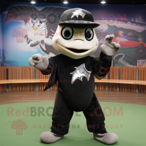 Black Swordfish mascot costume character dressed with a Baseball Tee and Gloves