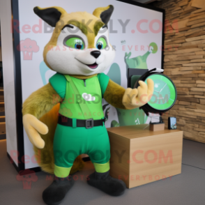 Green Marten mascot costume character dressed with a Tank Top and Smartwatches