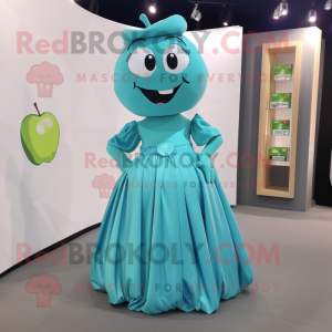 Cyan Apple mascot costume character dressed with a Pleated Skirt and Shoe clips