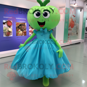 Cyan Apple mascot costume character dressed with a Pleated Skirt and Shoe clips