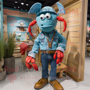 Turquoise Lobster Bisque mascot costume character dressed with a Denim Shirt and Bracelets