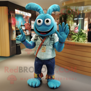 Turquoise Lobster Bisque mascot costume character dressed with a Denim Shirt and Bracelets