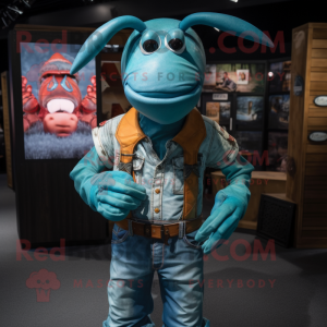 Turquoise Lobster Bisque mascot costume character dressed with a Denim Shirt and Bracelets