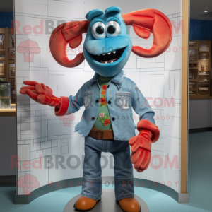 Turquoise Lobster Bisque mascot costume character dressed with a Denim Shirt and Bracelets