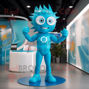 Cyan Superhelt maskot drakt...