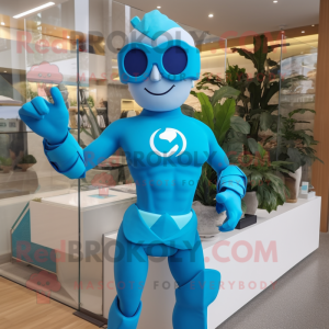 Cyan Superhelt maskot drakt...