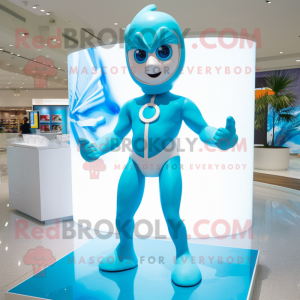 Cyan Superhero mascot costume character dressed with a Swimwear and Hair clips