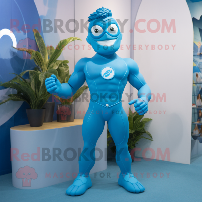 Cyan Superhero mascot costume character dressed with a Swimwear and Hair clips Cyan Superhero mascot costume character dressed with a Swimwear and Hair clips