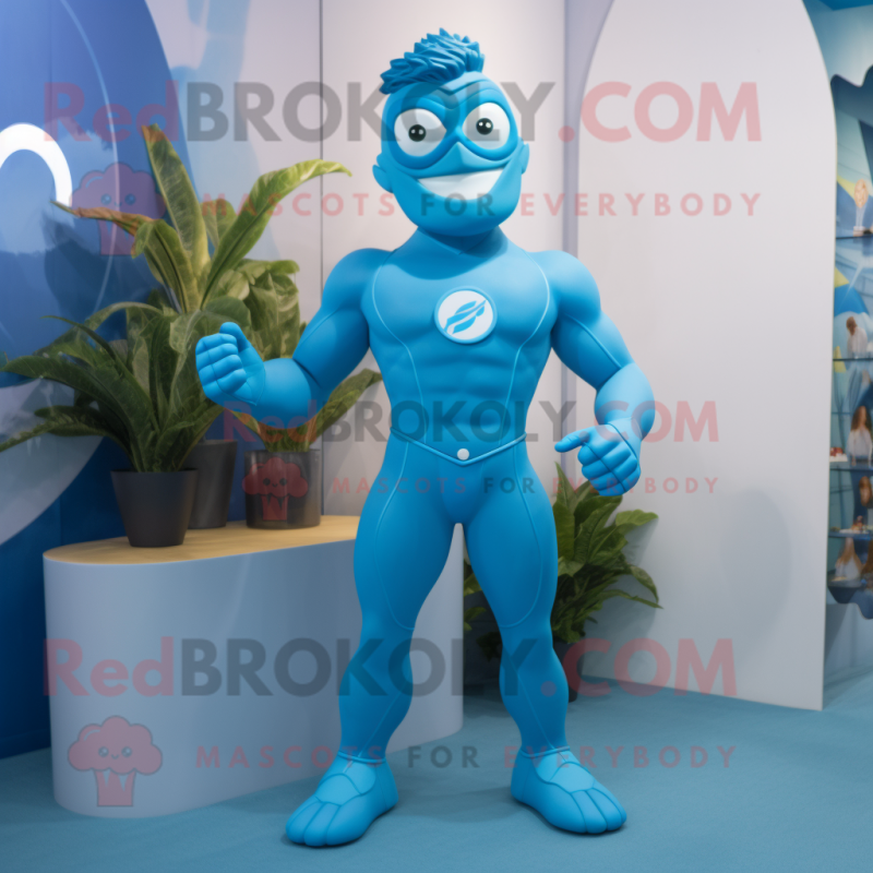 Cyan Superhero mascot costume character dressed with a Swimwear and Hair clips